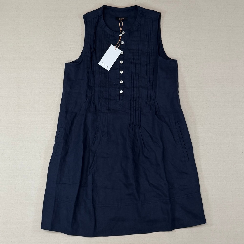 Quince 100% European Linen Sleeveless Pintuck Dress Navy Blue XS NWT